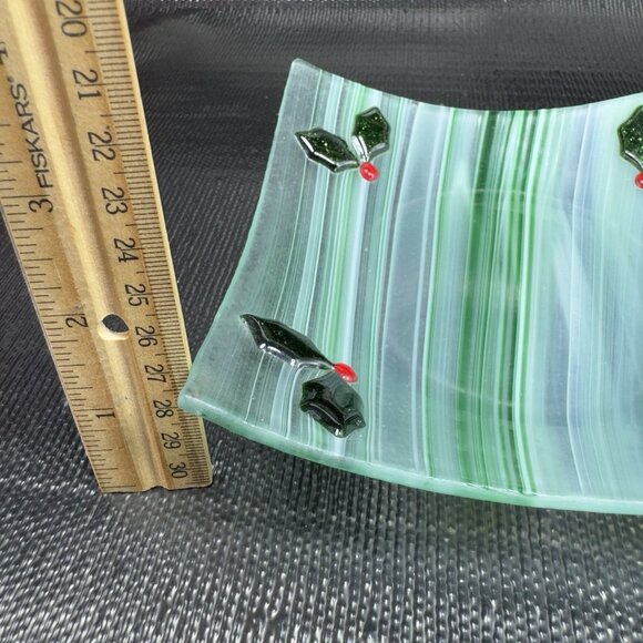 Vintage Fused Art Glass Square Dish Plate White Green Swirl Festive Holiday VTG - Picture 5 of 12